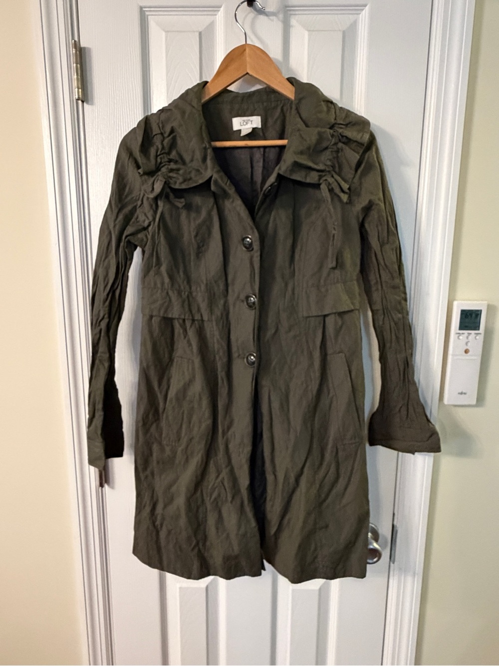 LOFT Olive Trench Coat with Button Front and Gathered Shoulder Detail